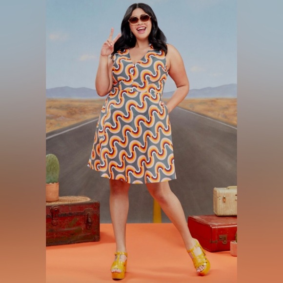 ModCloth Mod As Well Retro Rainbow Fit Flare Dress Plus 20 Gray Pink Yellow - Picture 1 of 13